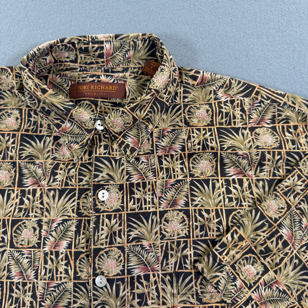 Tori Richard Mens L Cotton Lawn Pineapple Tropical Shirt Brown Made in USA